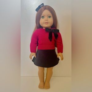 NIB American Girl Sparkle Bow Red Sweater, Black Skirt, & Headband Outfit